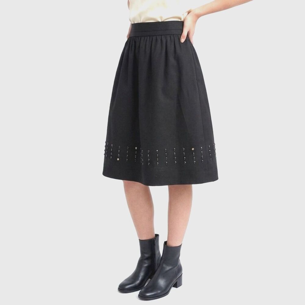 DKNY Women’s Black Beaded Hem Knee-Length Skirt Size 6 Embellished A-Line Skirt